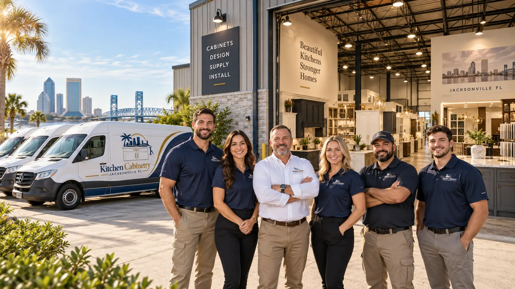 Kitchen Cabinetry Jacksonville FL team outside a Jacksonville cabinetry facility with branded vans