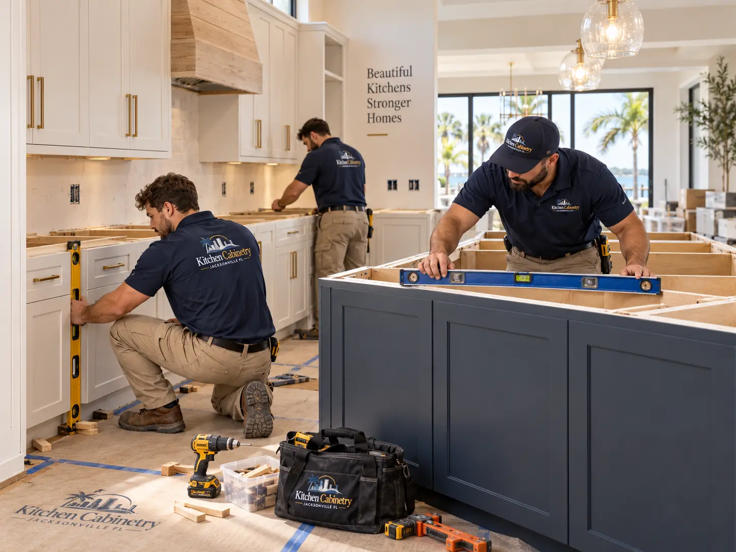 Kitchen island and base cabinet installation and leveling